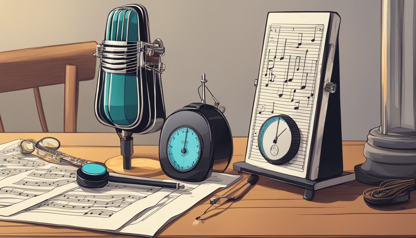 A metronome ticking as a guitar sits on a stand, surrounded by sheet music and a timer set for 30 minutes