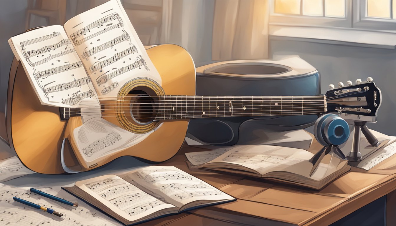 A guitar resting on a stand, surrounded by sheet music and a metronome, with a music theory book open on a table