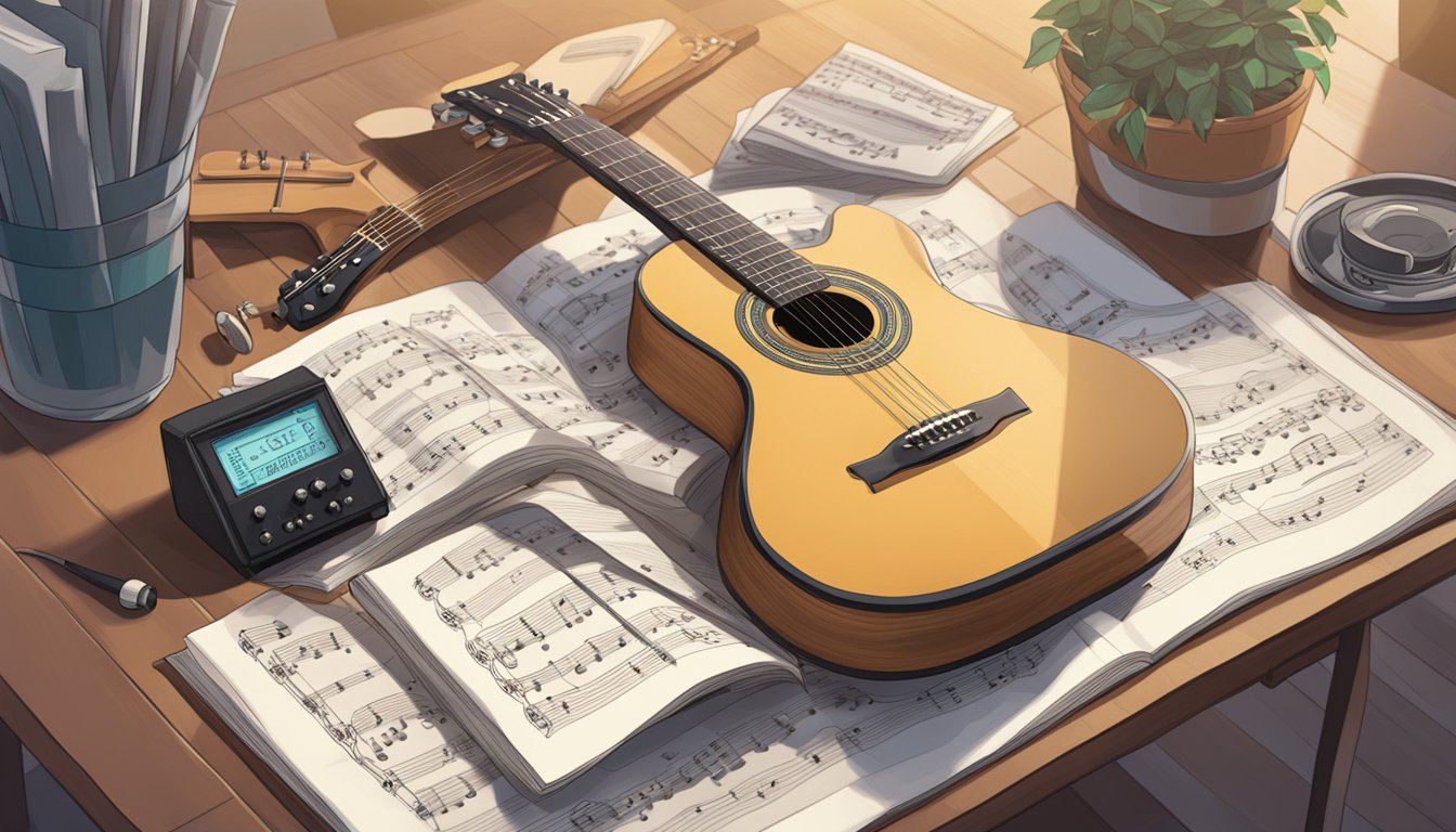 A guitar resting on a stand, surrounded by sheet music, a tuner, and a metronome.</p><p>A beginner's guide book lies open on a nearby table