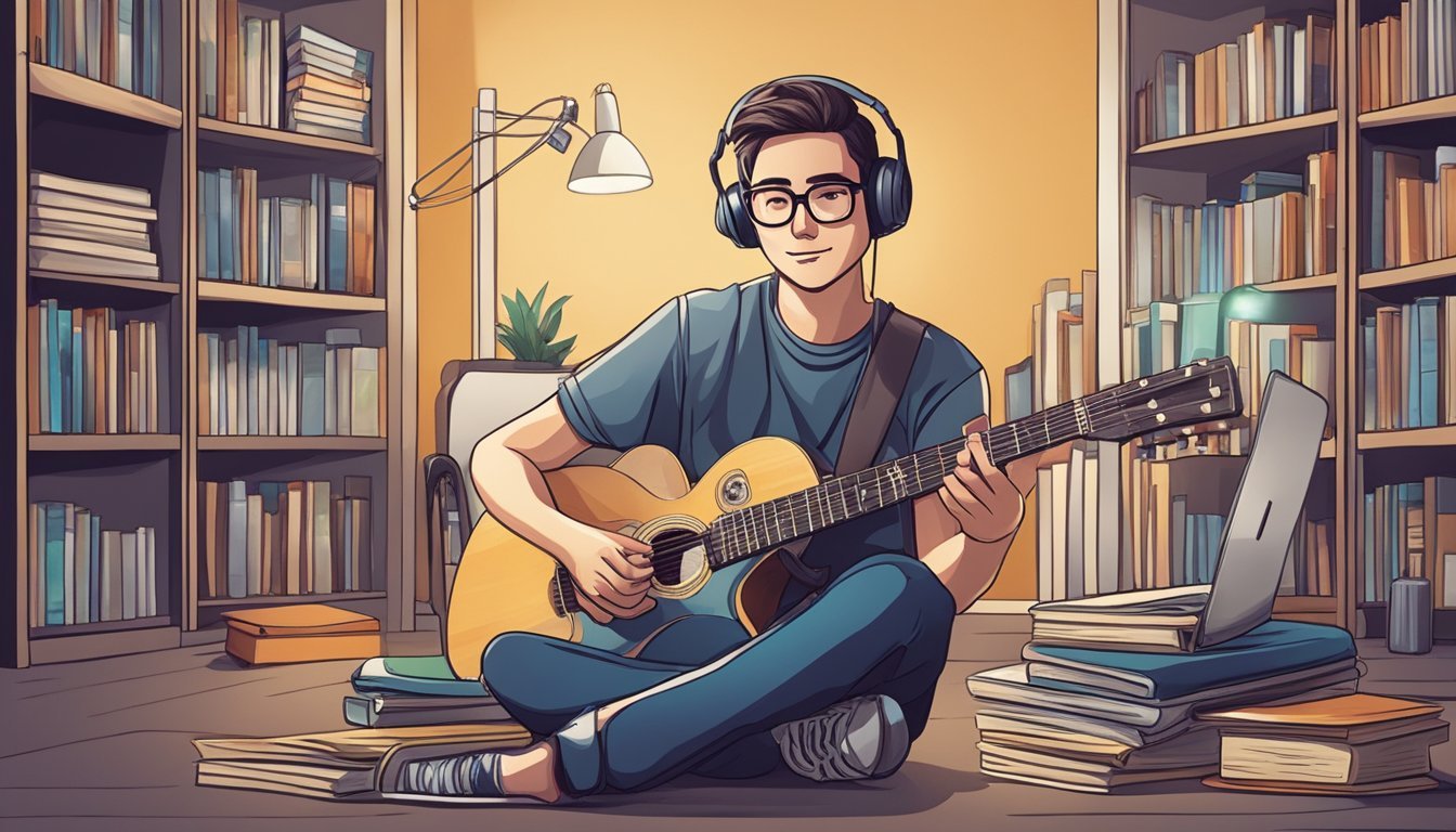 A person sitting in front of a computer, surrounded by guitar books and online tutorials, with a guitar in hand, eager to learn