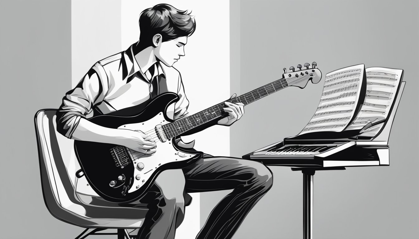A person sits with an electric guitar, focused on practicing.</p><p>A music stand holds sheet music, while a metronome keeps time
