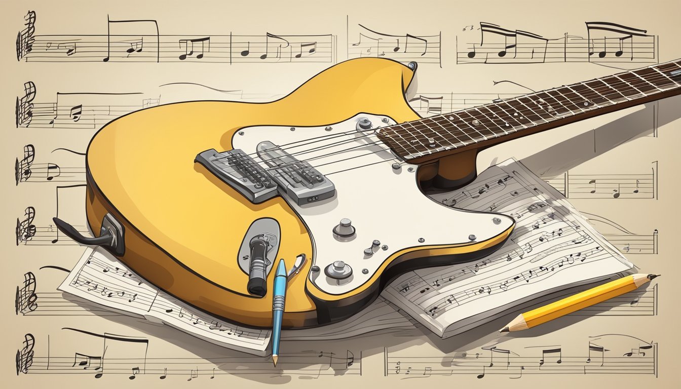 A guitar sheet music on a stand, with notes and chords, surrounded by a metronome and a pencil for annotations