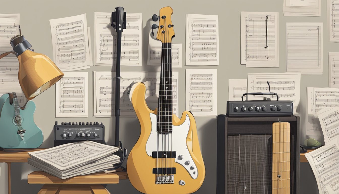A bass guitar resting on a stand, surrounded by sheet music, a metronome, and a music stand.</p><p>A pair of headphones and a tuner sit nearby