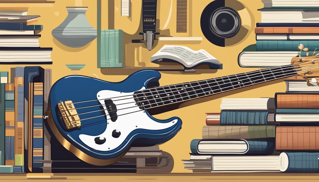 A bass guitar surrounded by books, online resources, and cultural artifacts