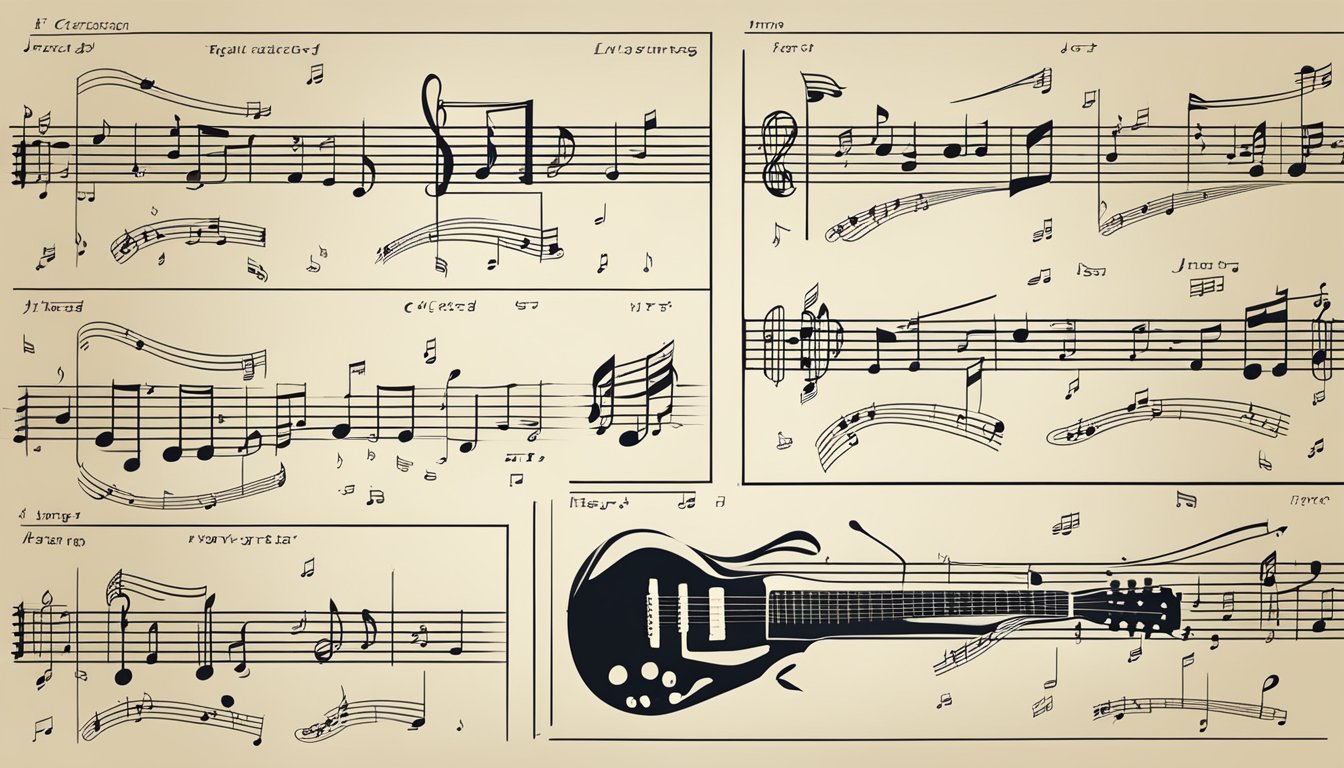 A guitar sheet music with chord diagrams and musical notes
