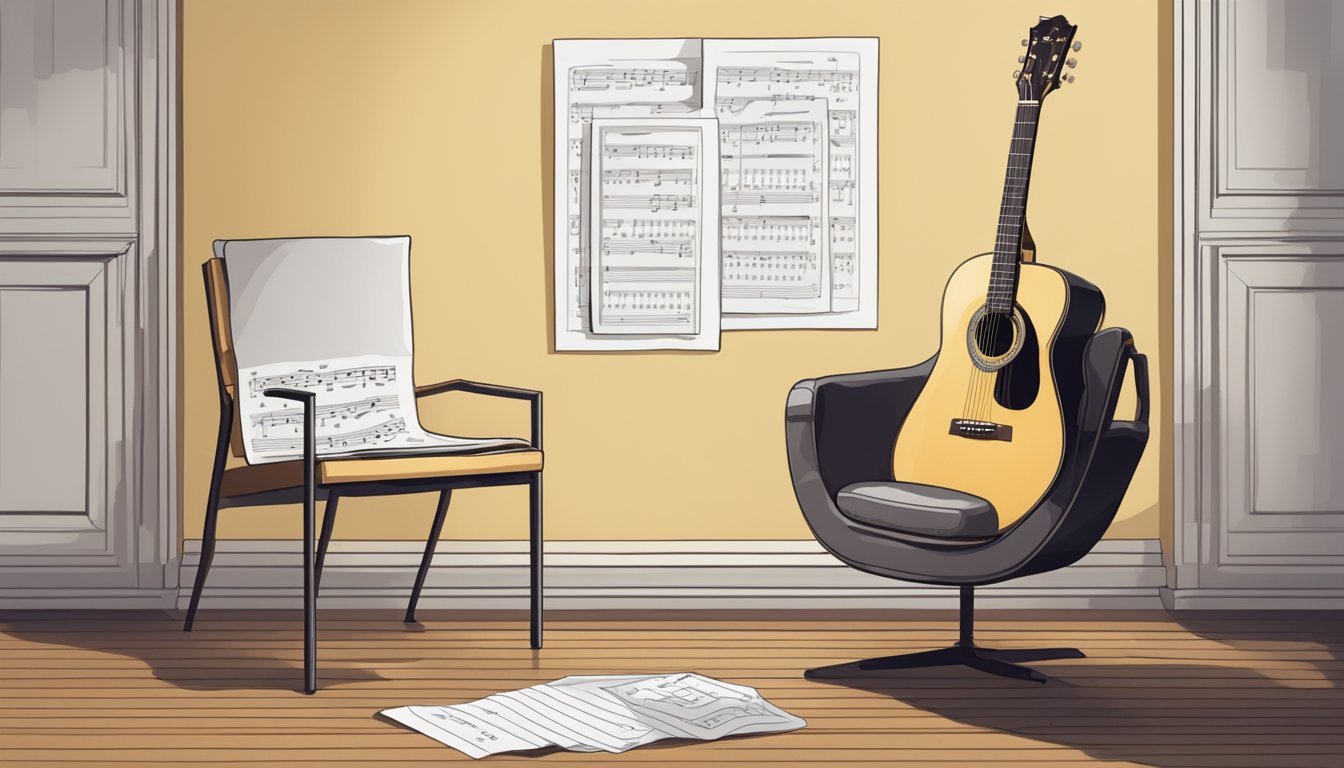 A guitar resting on a stand, with a pick and sheet music nearby.</p><p>A chair positioned in front of the guitar, ready for someone to sit and play