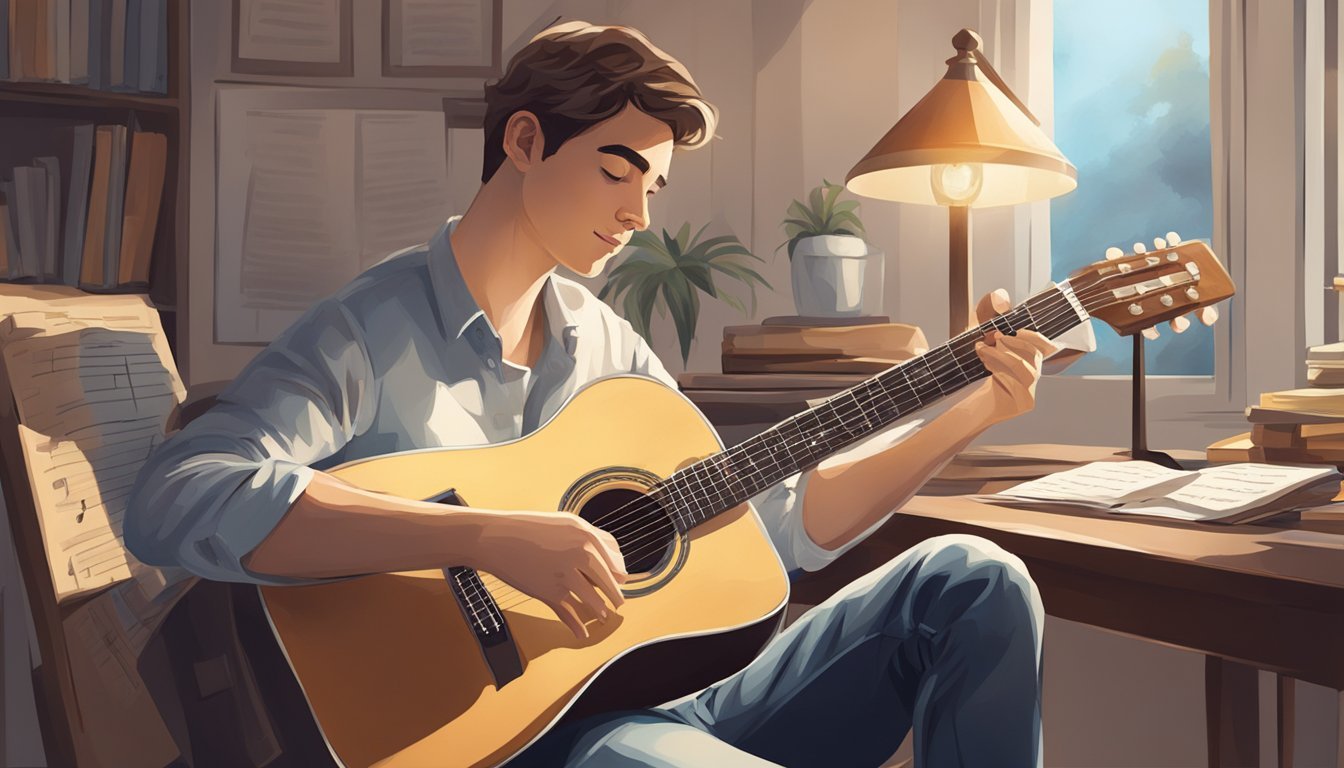 A person holding a guitar, sitting in a well-lit room with music sheets and a metronome on the table, practicing chords and strumming techniques