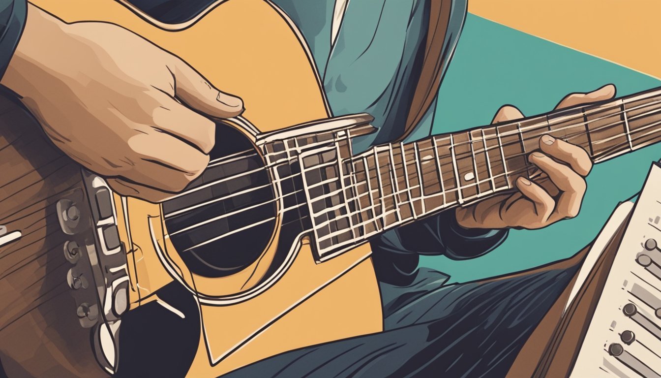 A person's hand strumming a guitar, fingers moving along the fretboard, while a music book sits open nearby