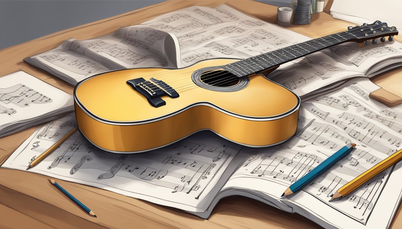 A guitar resting on a stand, surrounded by music sheets and a pencil