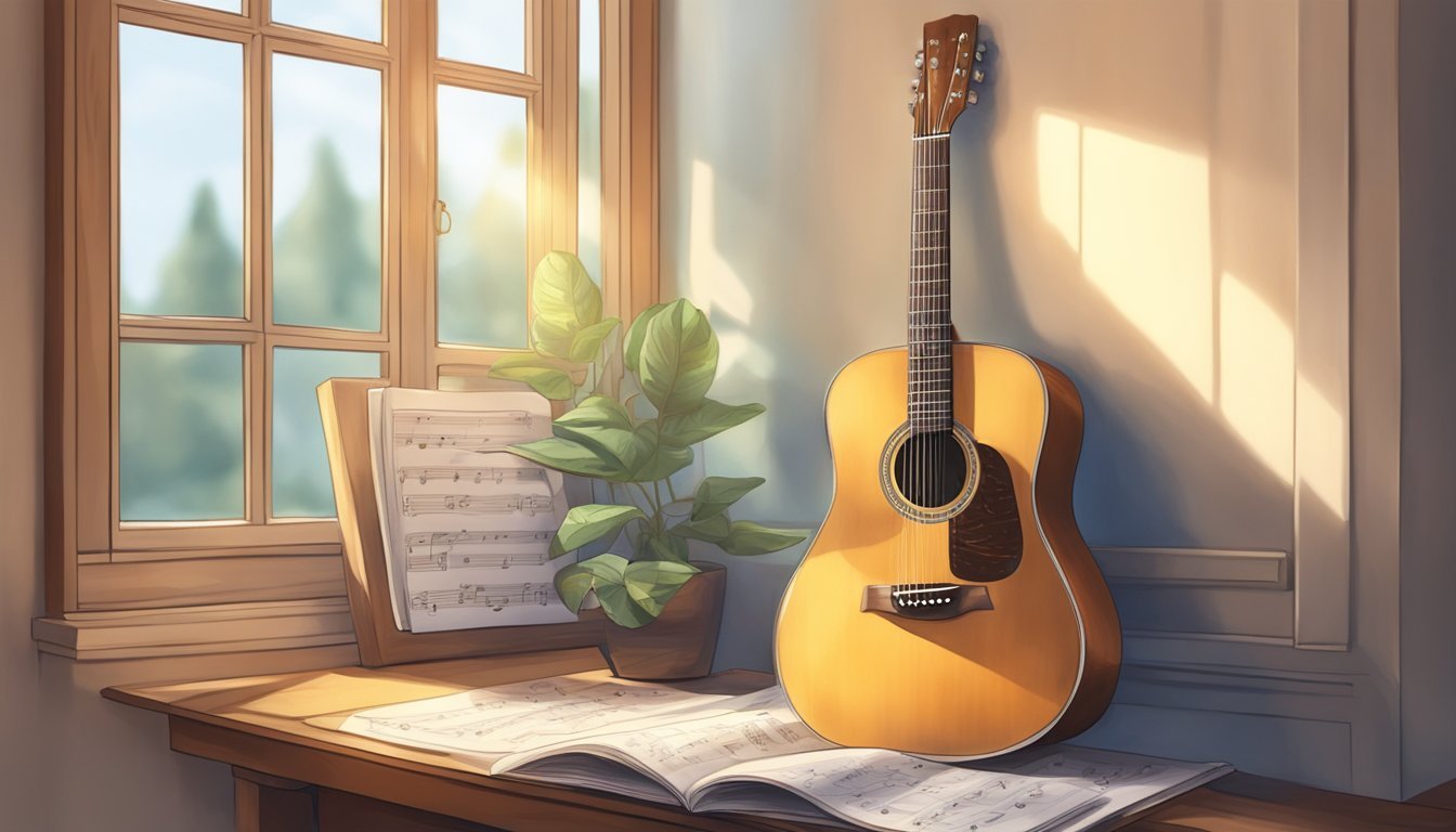 A guitar resting on a wooden stand, surrounded by sheet music and a pencil, with a window casting soft light onto the scene