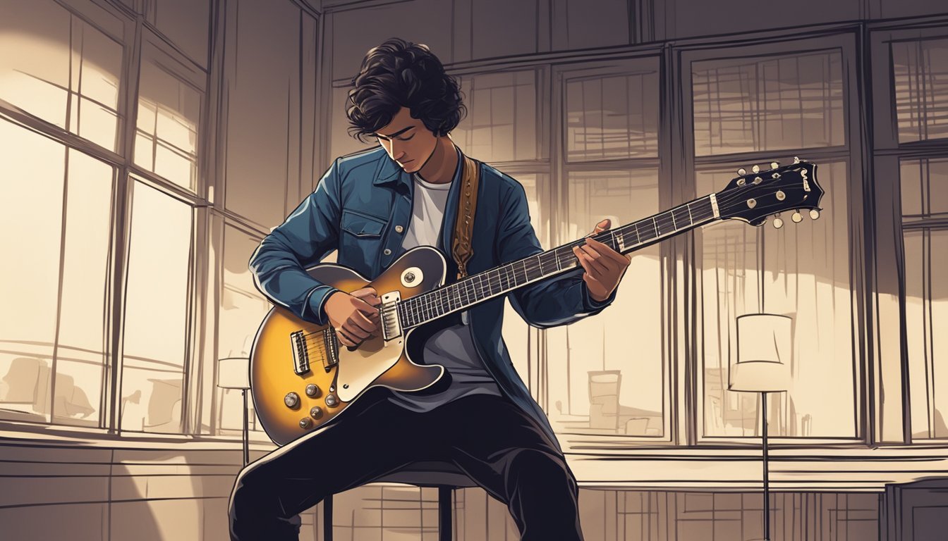 A guitarist strums a vintage electric guitar, fingers sliding along the fretboard, while a melancholic melody fills the dimly lit room