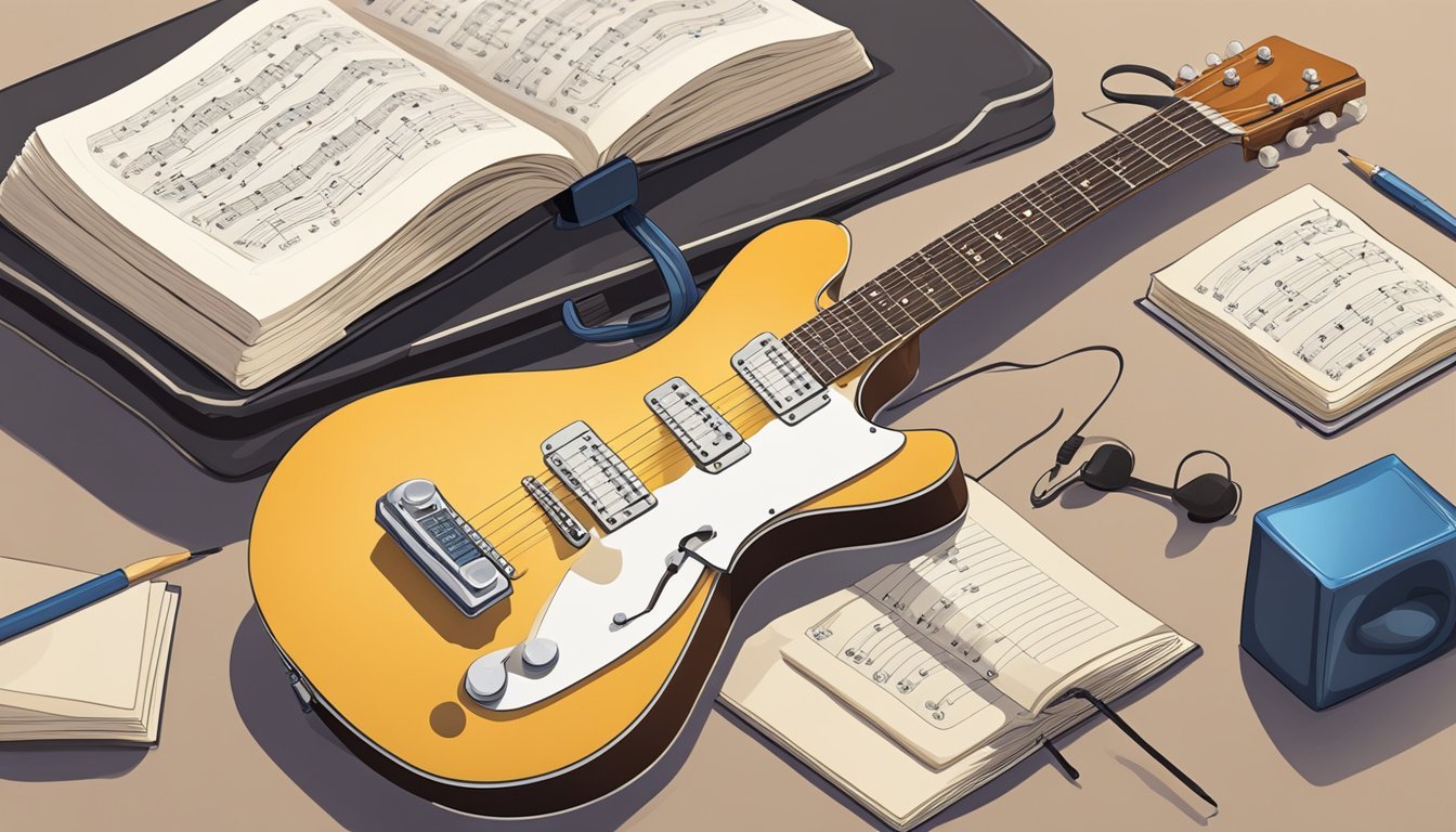 A guitar resting on a stand, with a music book open to a beginner's lesson, and a pick lying nearby