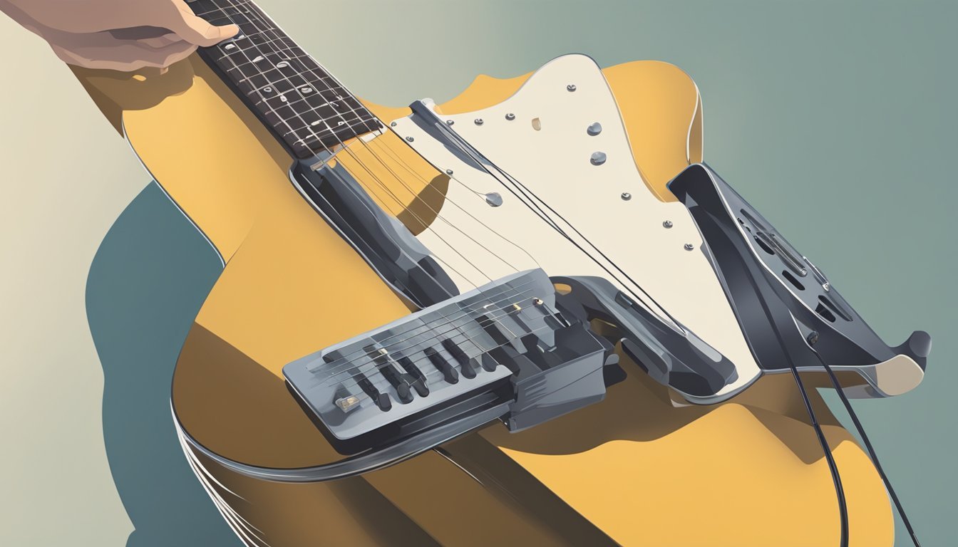 A guitar resting on a stand, with a hand reaching out to strum the strings