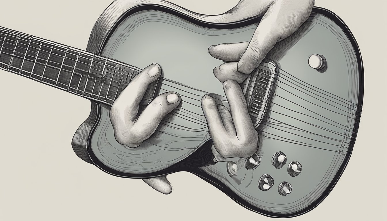 A hand strums a guitar, fingers pressing down on the frets to form a chord