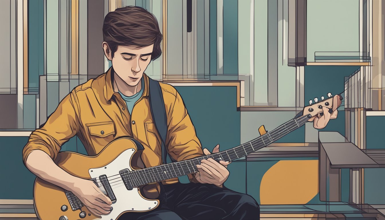 A person holding a guitar, looking closely at the fretboard, with a puzzled expression on their face