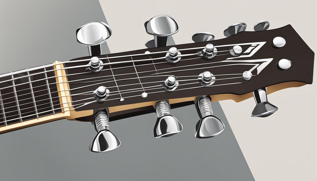 A guitar headstock turning tuning pegs down a half step with a tuner displayed on a music stand