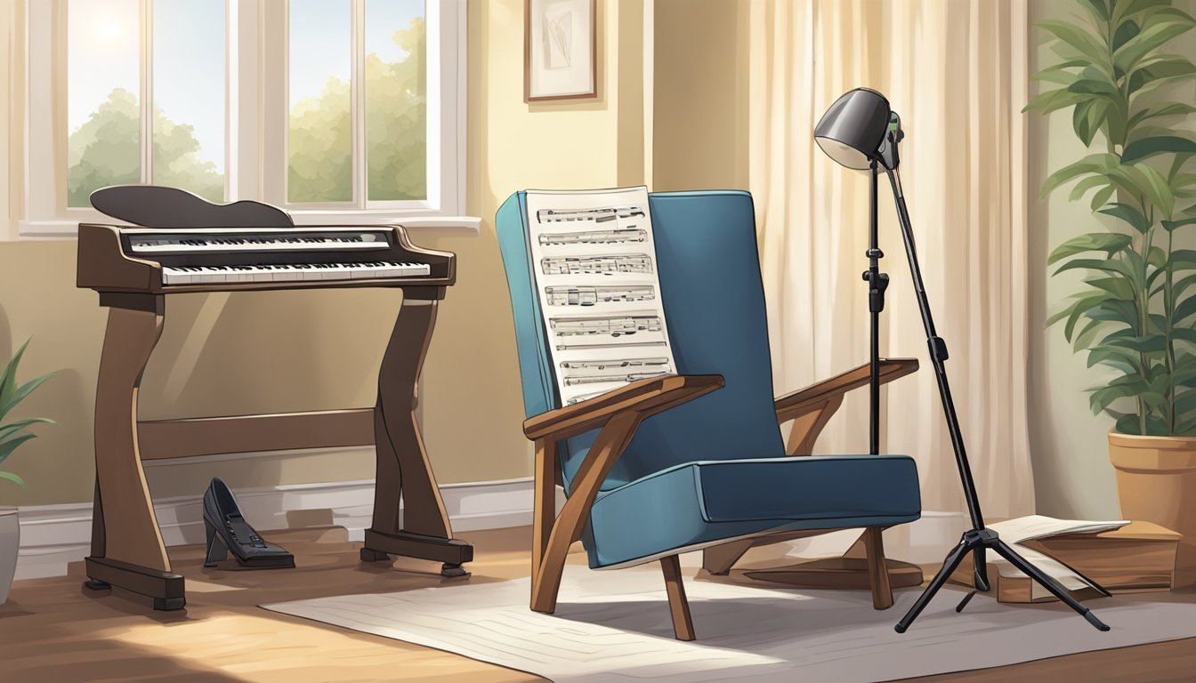 A guitar resting on a stand, surrounded by sheet music and a music stand, with a chair nearby for the player to sit and practice