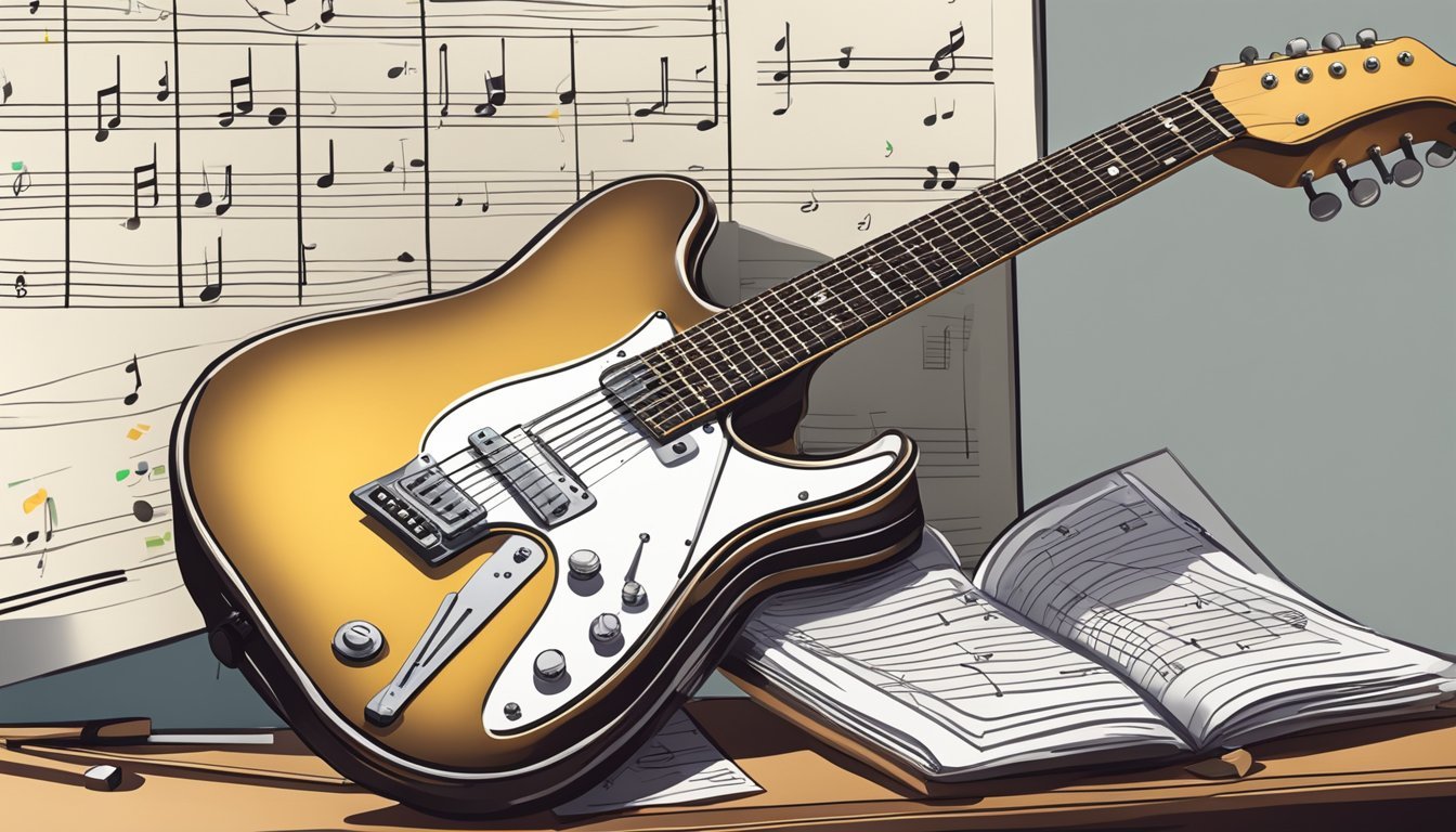 A guitar lying on a music stand with chord charts scattered around it, a metronome ticking in the background
