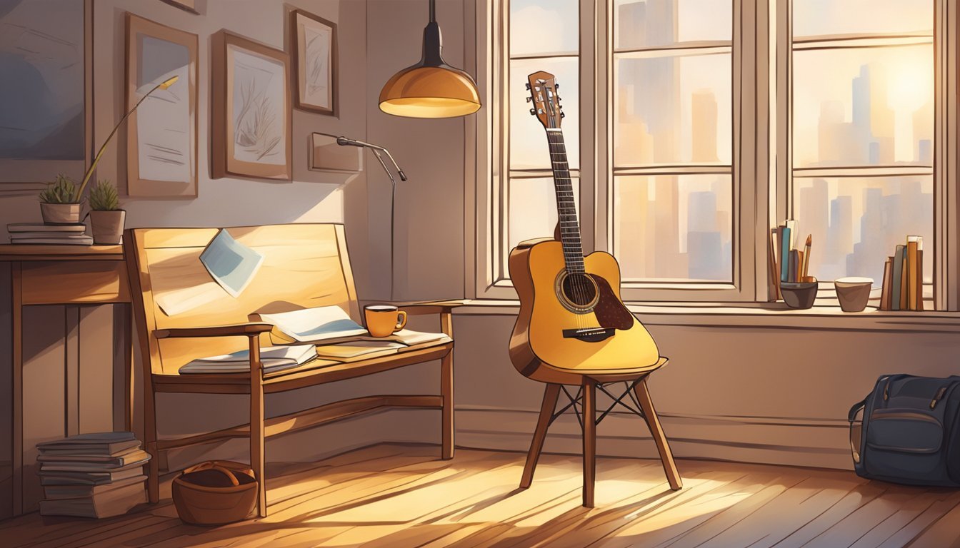 A guitar resting on a wooden chair, surrounded by a notebook, pencil, and a cup of coffee on a table.</p><p>The window casts a warm light on the scene