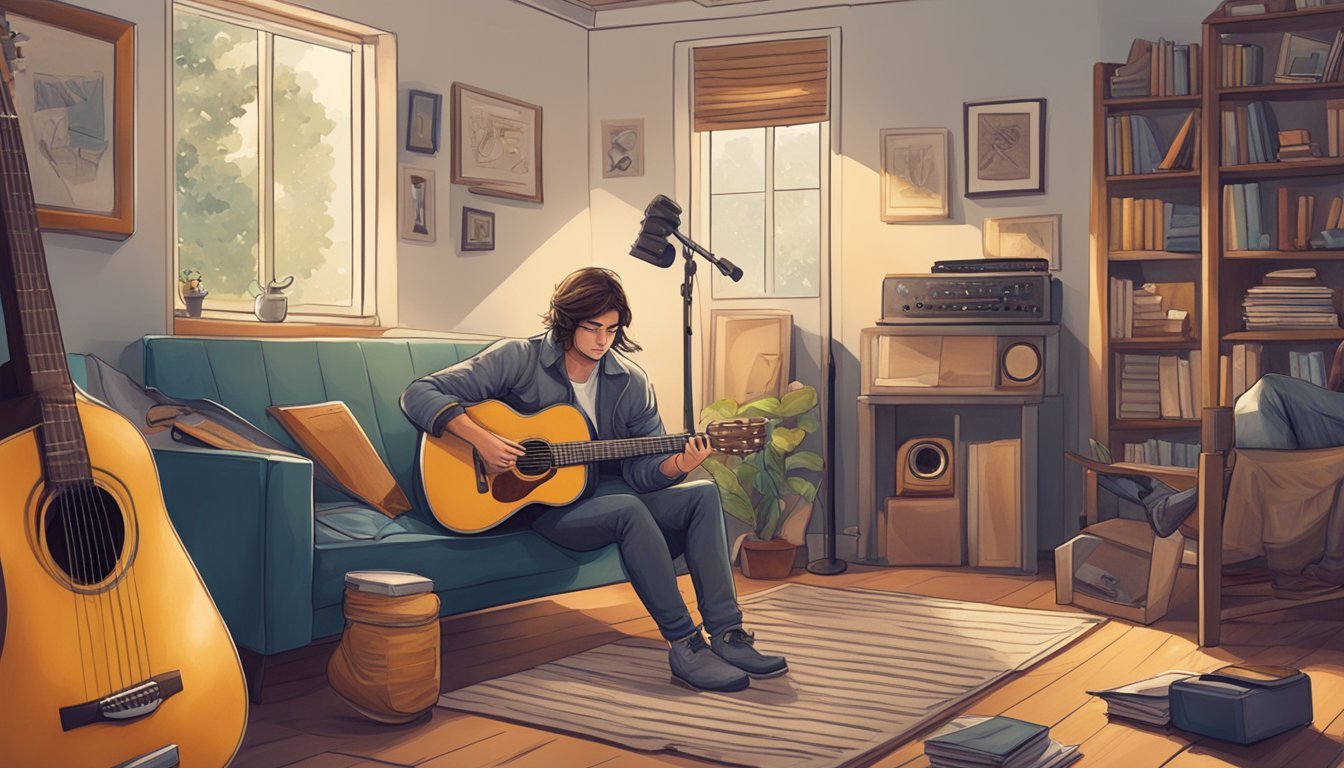 A guitarist sitting in a cozy room, surrounded by musical instruments and a notebook, strumming the guitar while deep in thought