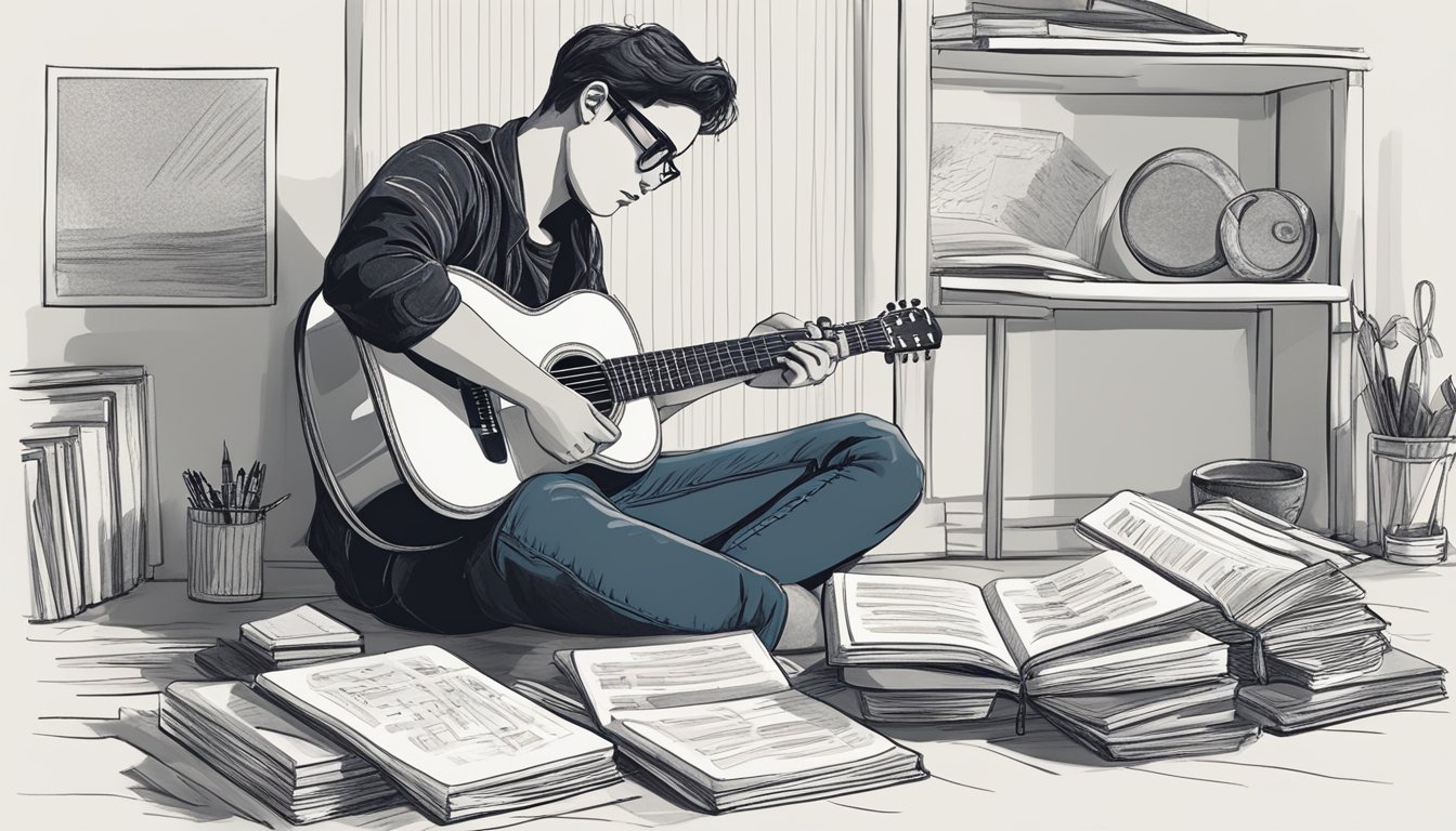 A person sits with a guitar, surrounded by notebooks and papers.</p><p>They are deep in thought, pen in hand, as they write lyrics that resonate