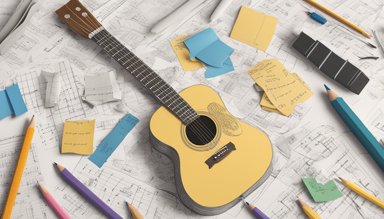 A person's hand strumming a guitar, surrounded by scattered sheets of paper with song lyrics and chord diagrams.</p><p>A pencil and eraser sit nearby