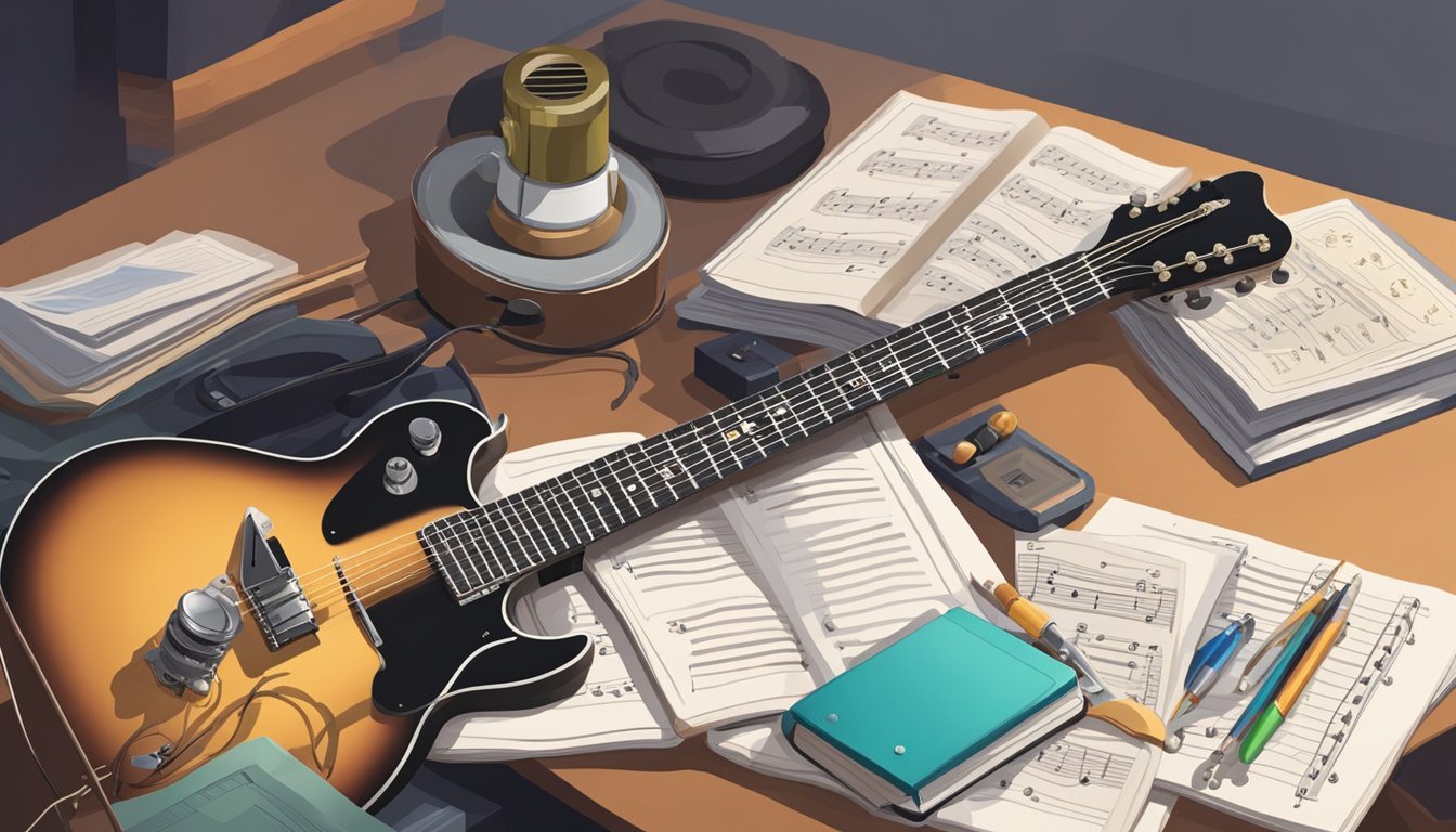 A guitar resting on a stand, surrounded by music sheets, a tuner, and a pick.</p><p>A beginner's guide book lies open next to it