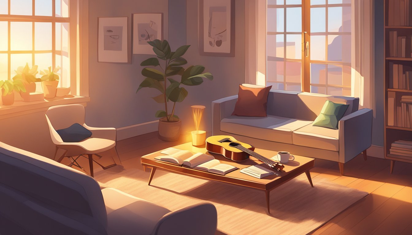 A cozy living room with a guitar, music stand, and open lesson book on a coffee table, surrounded by a warm glow from the sunlight streaming in through the window