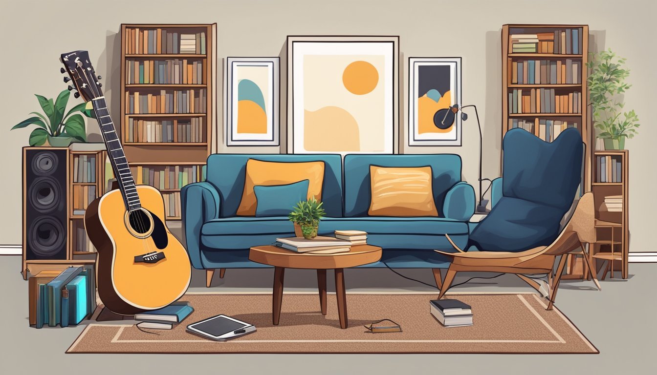 A cozy living room with a guitar on a stand, surrounded by music books and a tablet showing online guitar tutorials