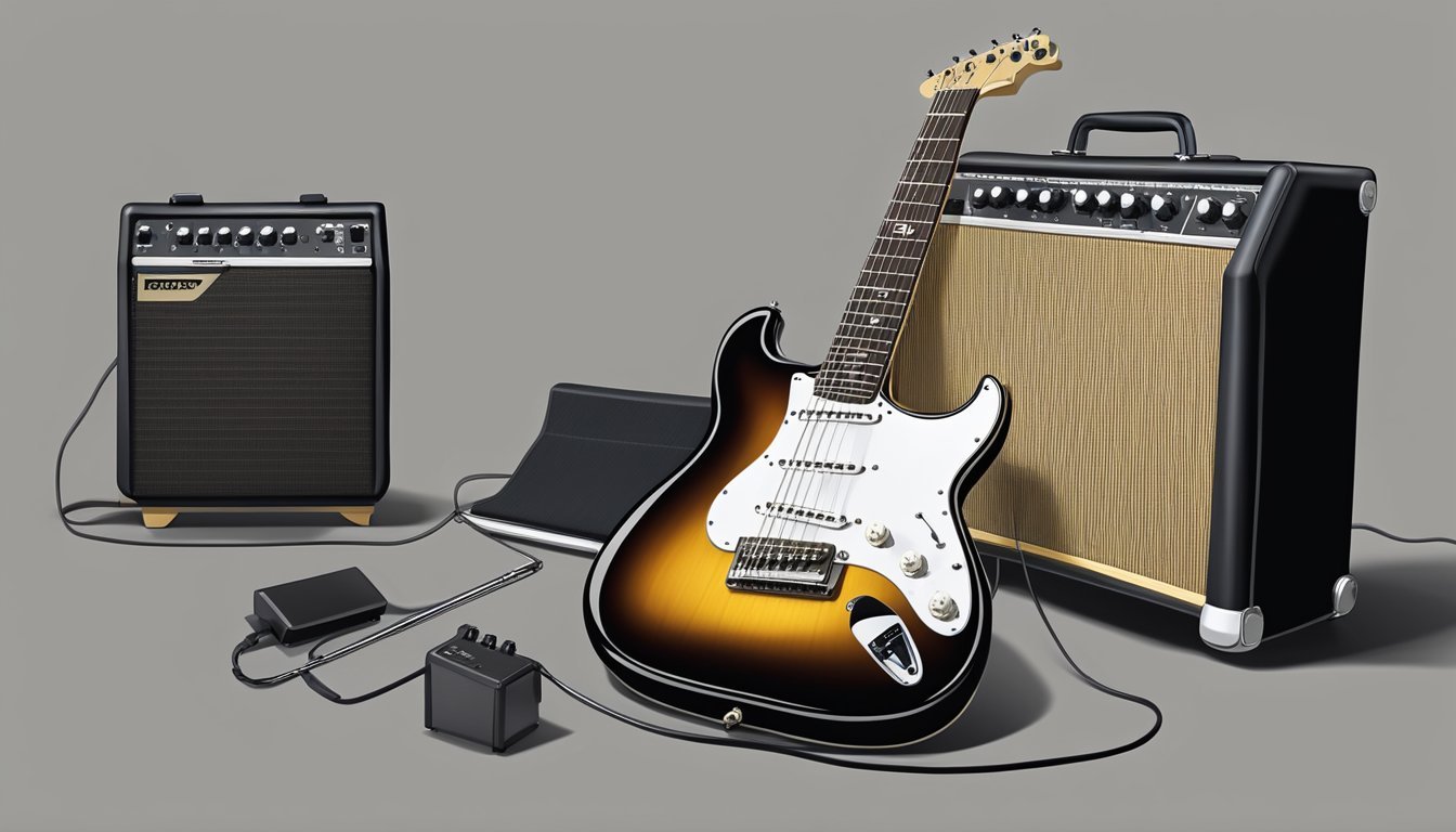 An electric guitar plugged into an amplifier, with a pick resting on the strings and a music stand nearby