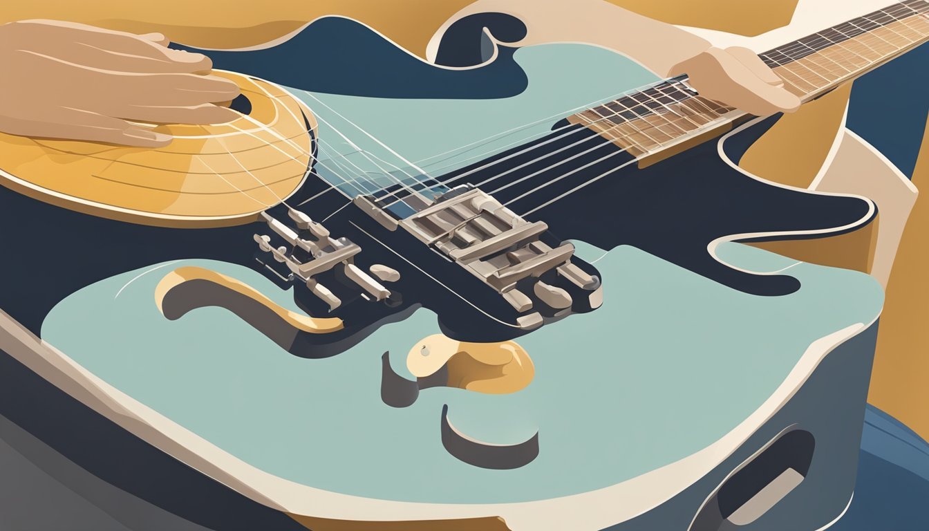 A guitar resting on a flat surface, with a tuning peg being turned by a hand tool