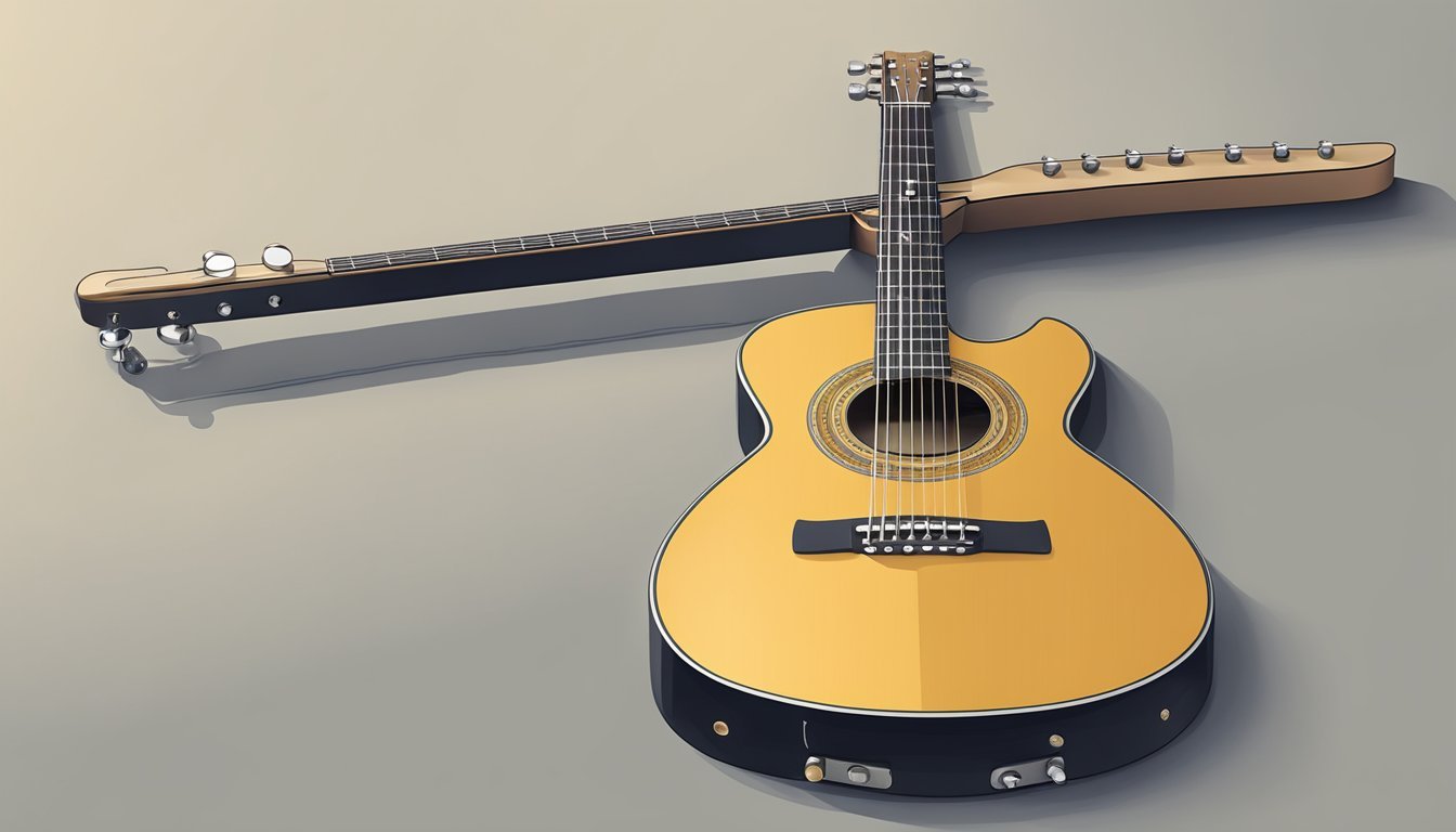 A guitar resting on a flat surface, with tuning pegs and strings clearly visible.</p><p>A small tool for adjusting the pegs is nearby