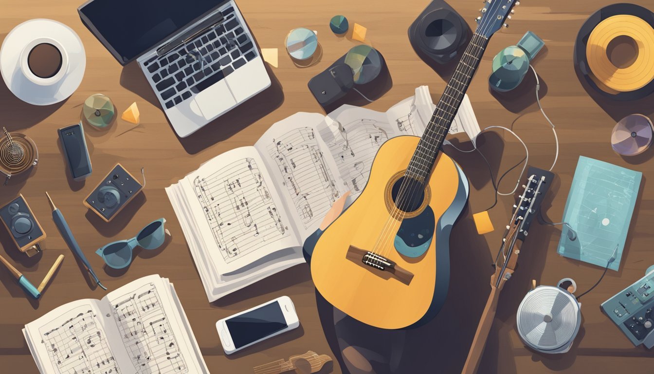 A person holding a guitar, surrounded by music sheets, a metronome, and a guitar tuner on a table