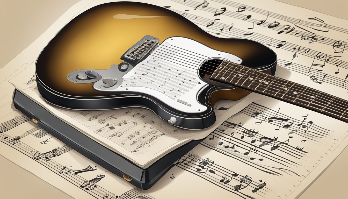 A guitar resting on a stand, with a music sheet nearby and a hand-written chord chart on a table