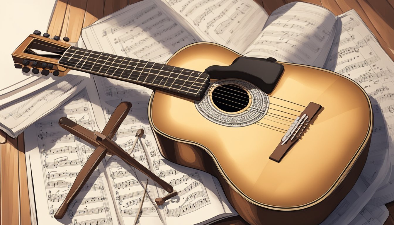 A classical guitar resting on a wooden chair, surrounded by sheet music and a metronome.</p><p>A music stand holds open a book of classical guitar exercises
