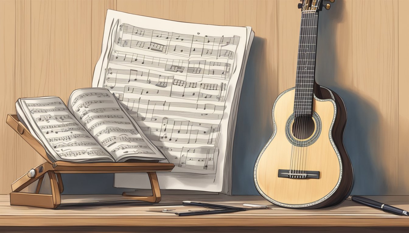 A classical guitar resting on a music stand, surrounded by sheet music and a metronome, with a pencil and eraser nearby