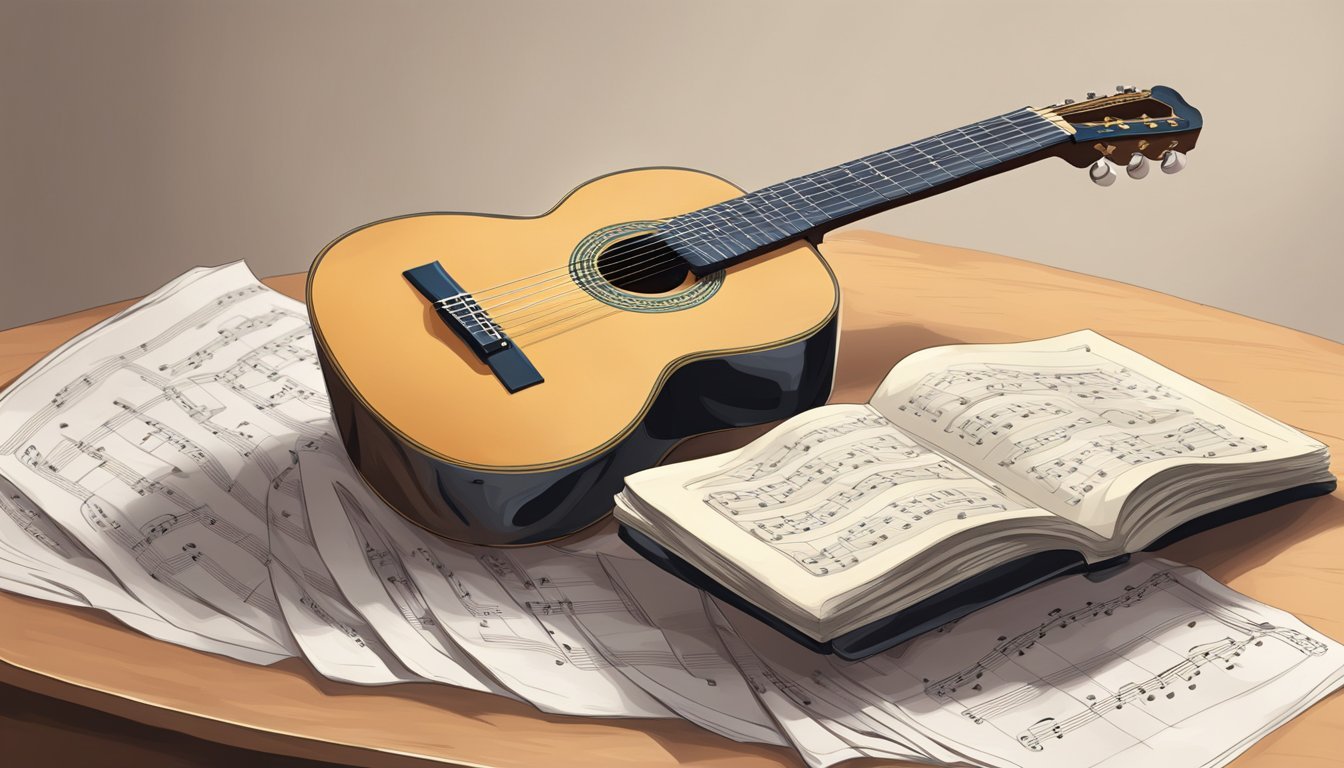 A classical guitar resting on a stand with sheet music nearby