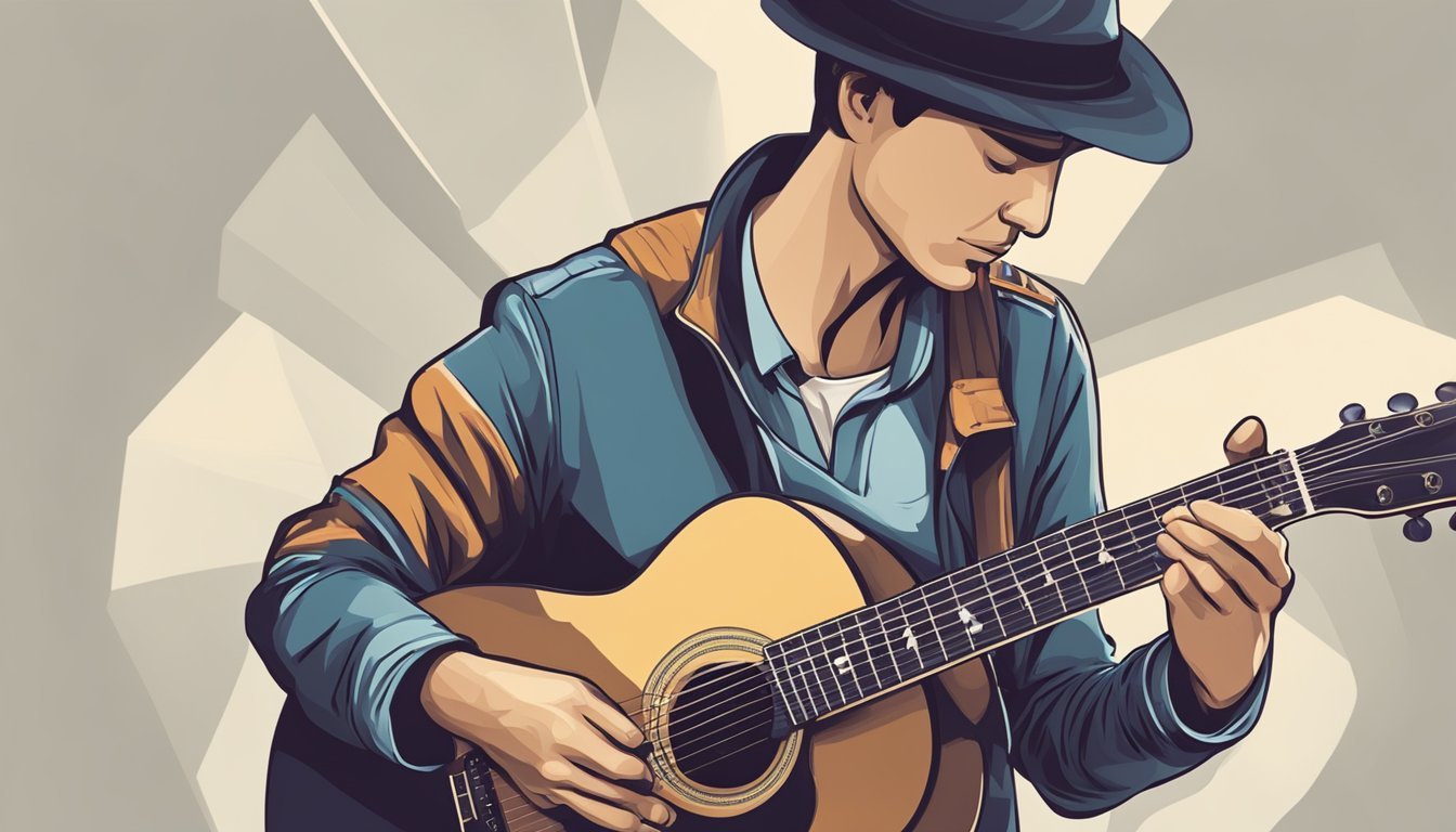 A guitarist strumming a rhythm on an acoustic guitar, with a focus on the hand position and movement as they play different musical styles