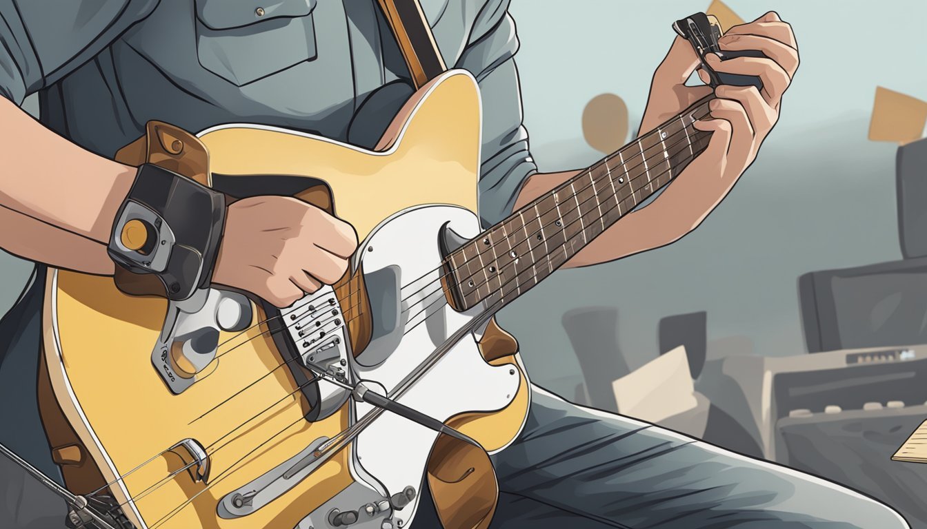A guitar with tabs open on a stand, a pick resting nearby, and a hand reaching to strum the strings