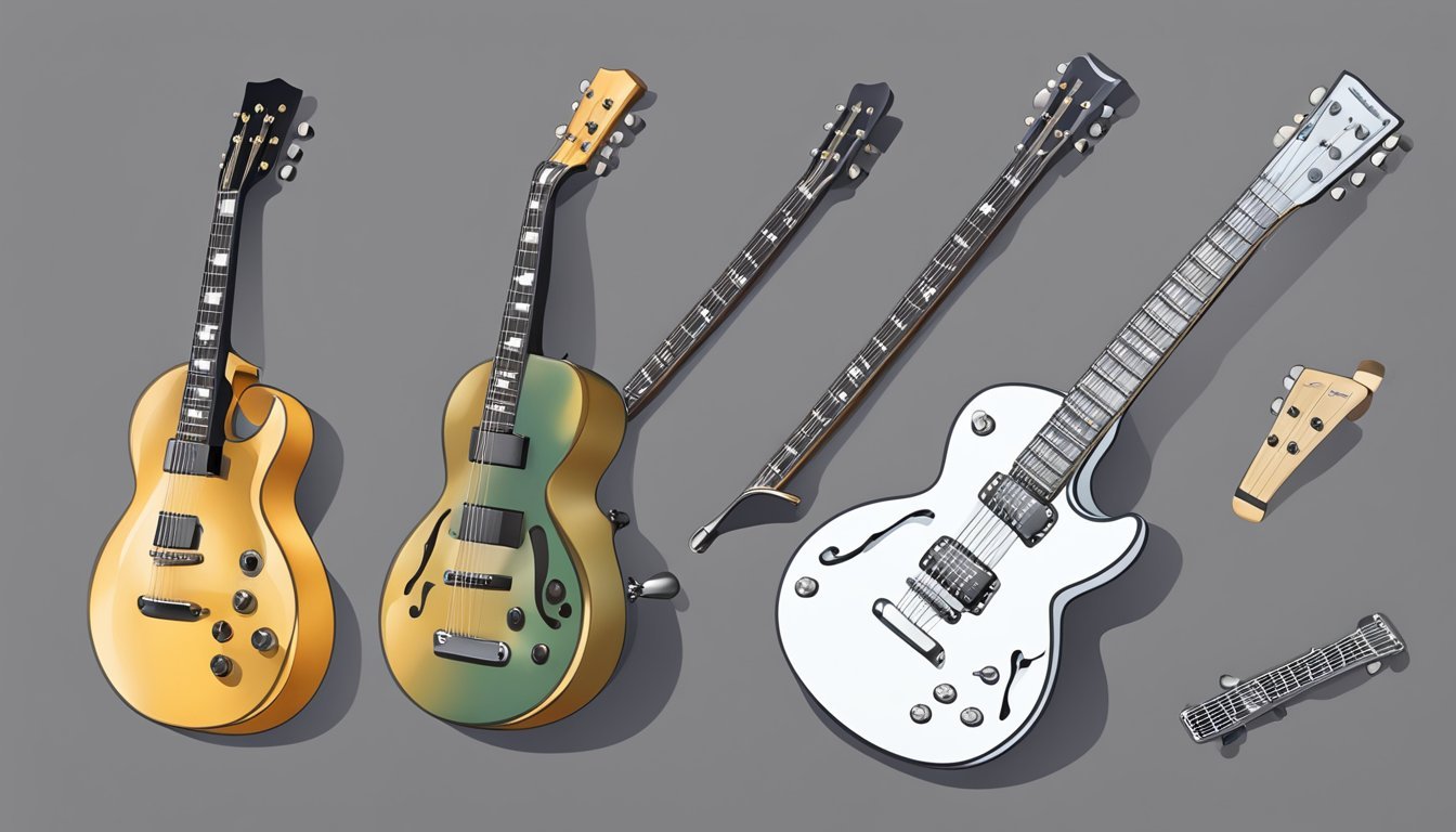 A guitar laid flat with a pick and tuning pegs visible.</p><p>Tabs for a simple melody lie next to it