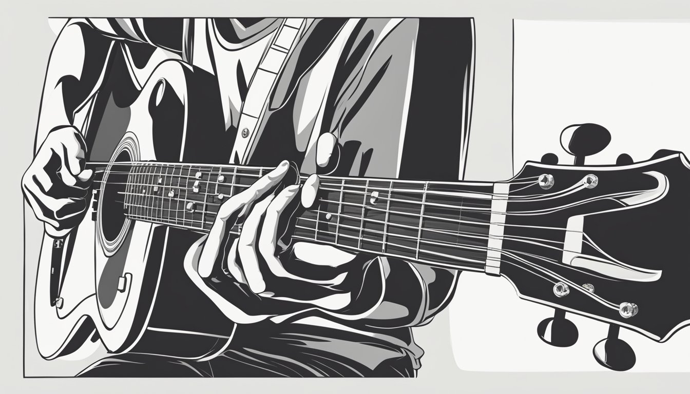 A hand holding a guitar, fingers pressing down on the second fret of the A string and the second fret of the D string to form an E chord