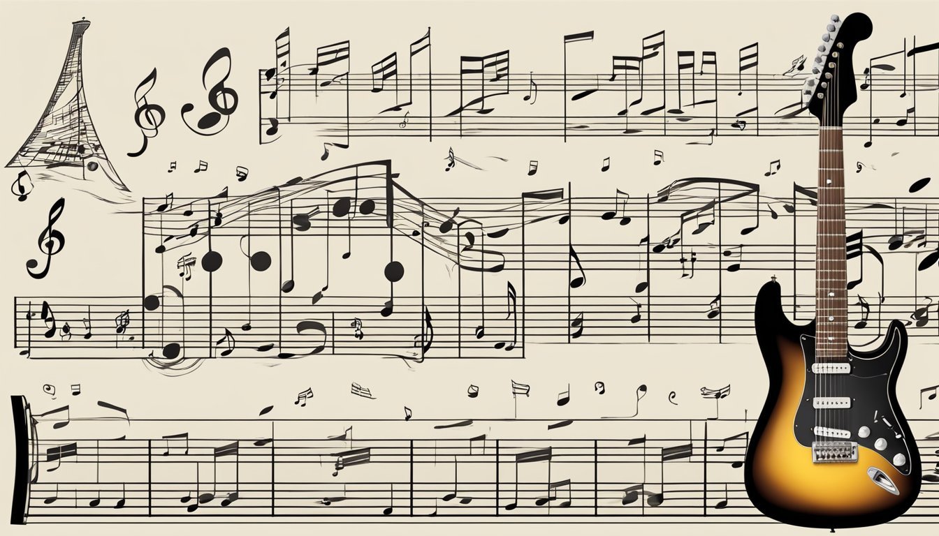 An electric guitar sheet music resting on a stand, with musical notes and symbols arranged in a clear and organized manner