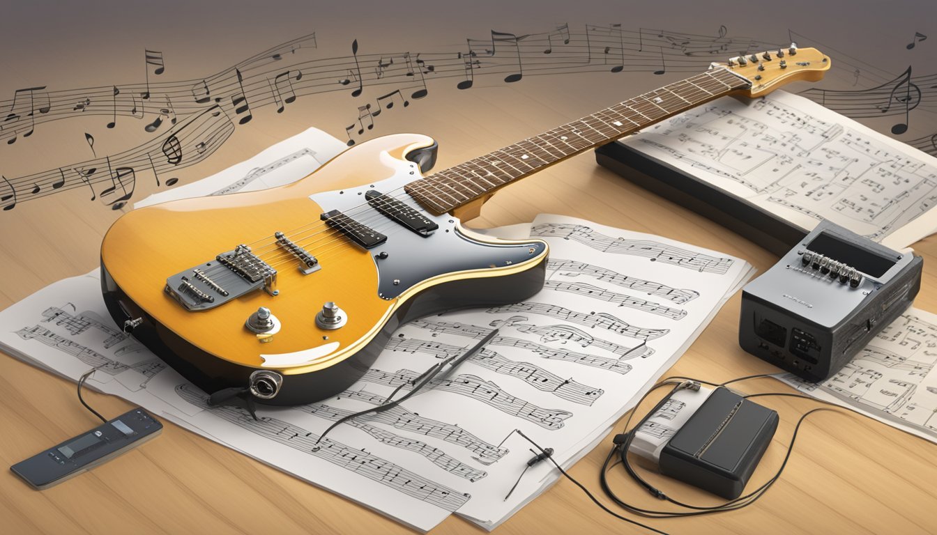 An electric guitar surrounded by music notation software and tools, with sheet music displayed on a computer screen