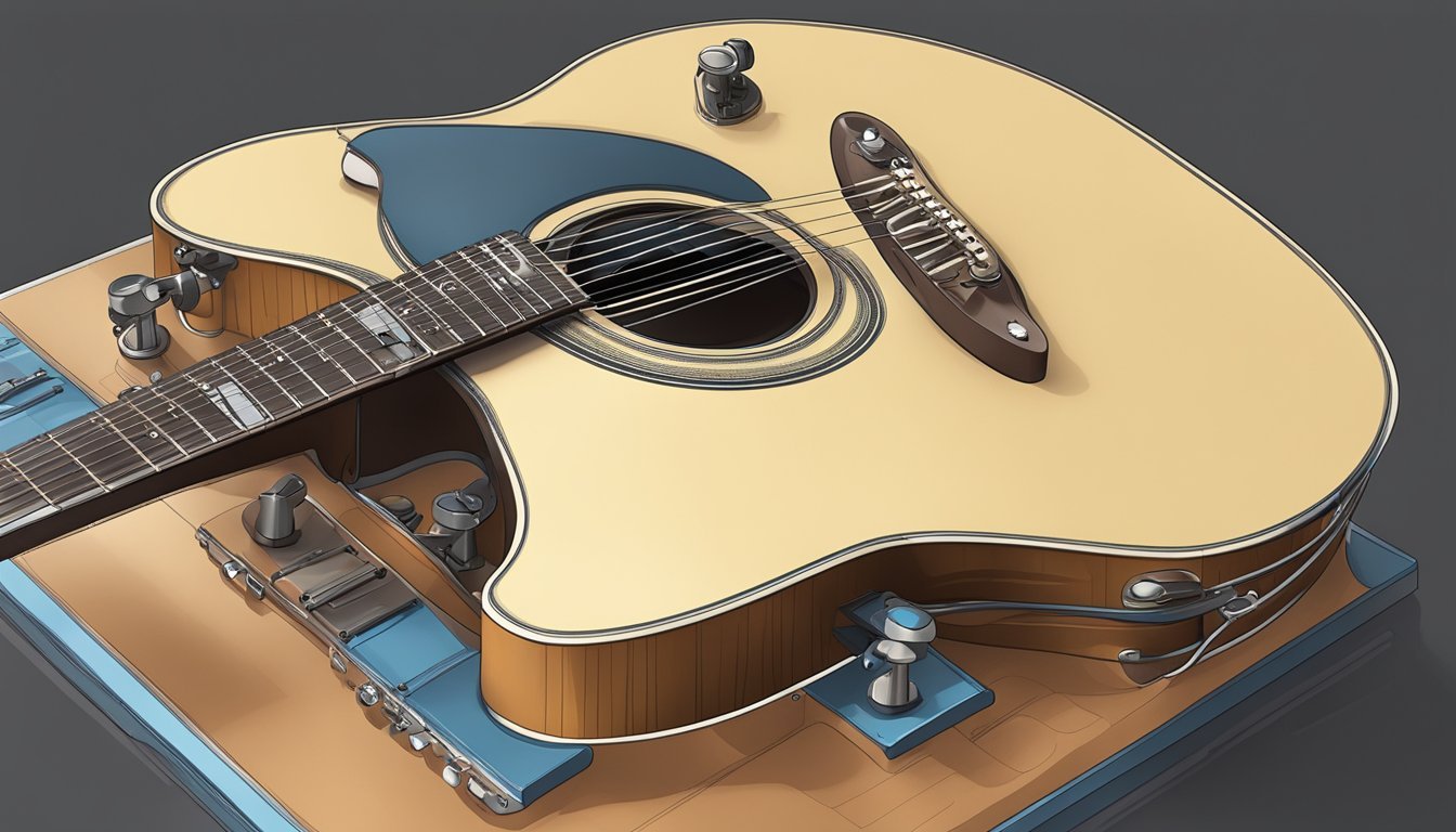A guitar lying on a flat surface with a tuner attached and the tuning pegs being adjusted