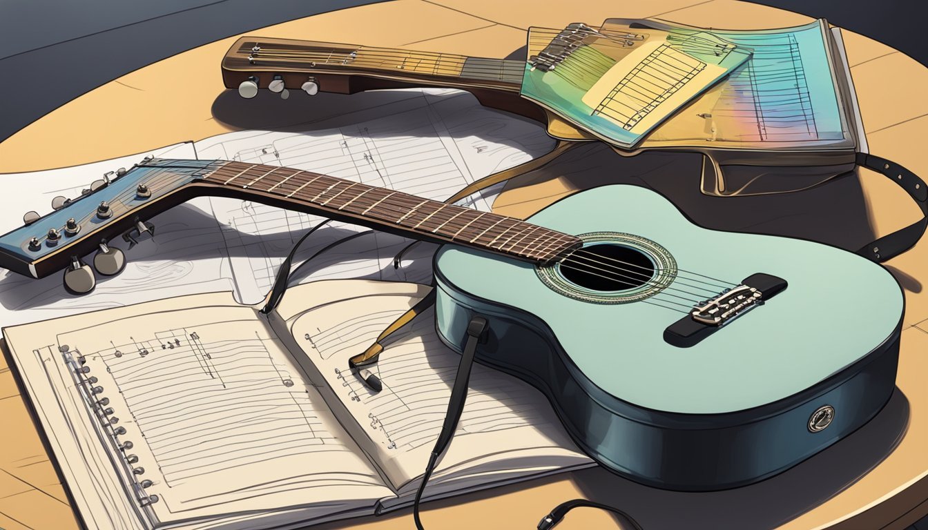 A guitar resting on a stand, with a pick and music book nearby.</p><p>A beginner's chord chart and tuner lay on a table