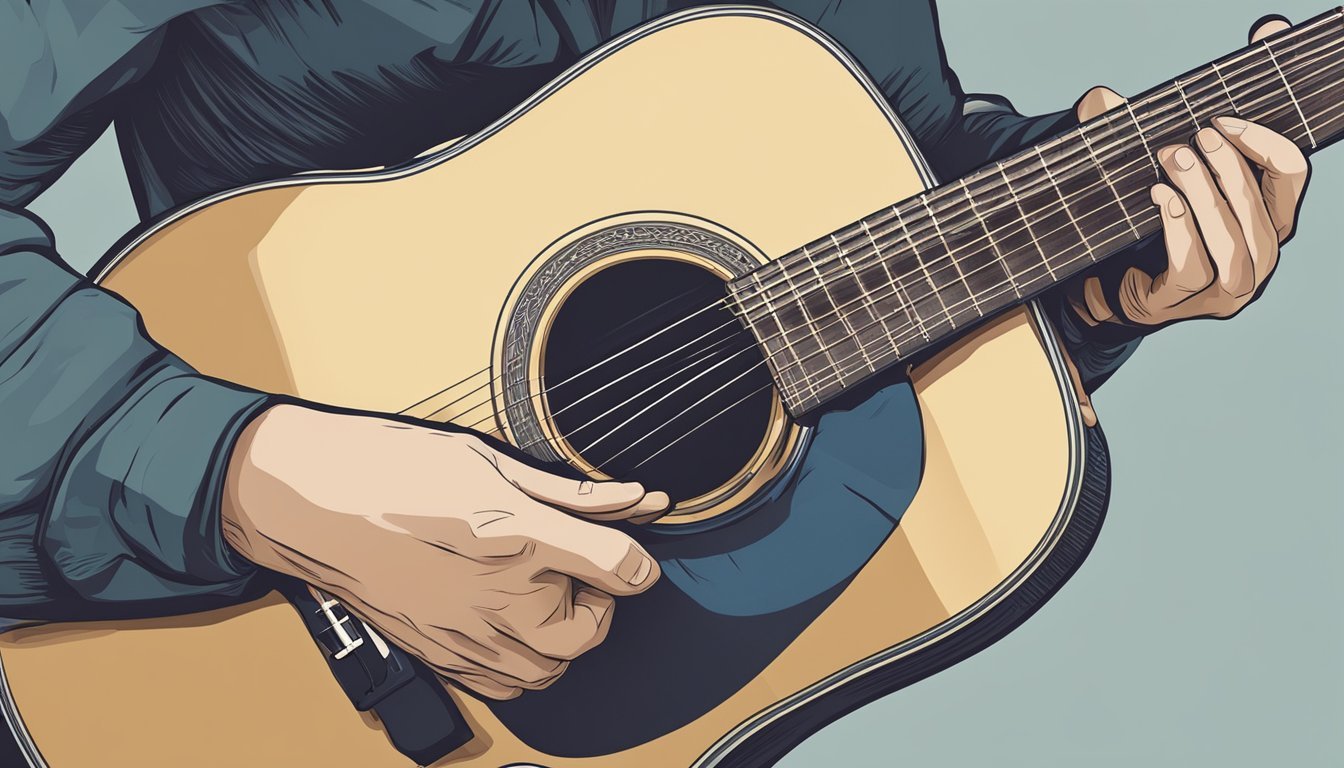 An acoustic guitar with fingers pressing down on the frets, while the other hand strums the strings