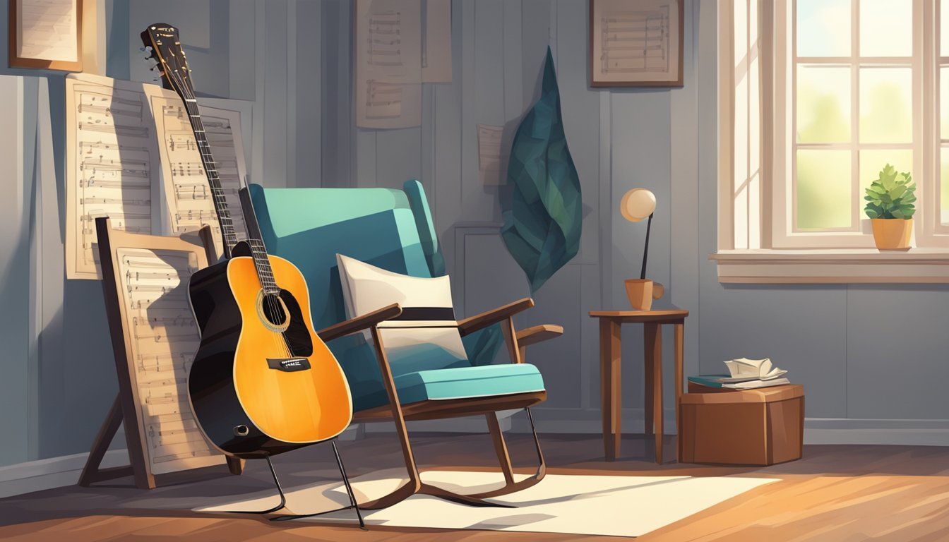 A guitar resting on a stand, surrounded by sheet music and a metronome, with a chair nearby