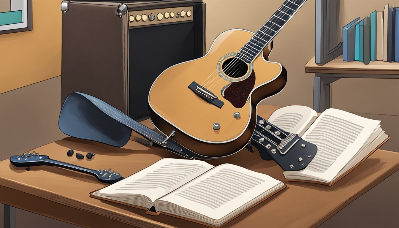 A guitar resting on a stand, with a music book open to a beginner's lesson.</p><p>A pick and tuner sit nearby
