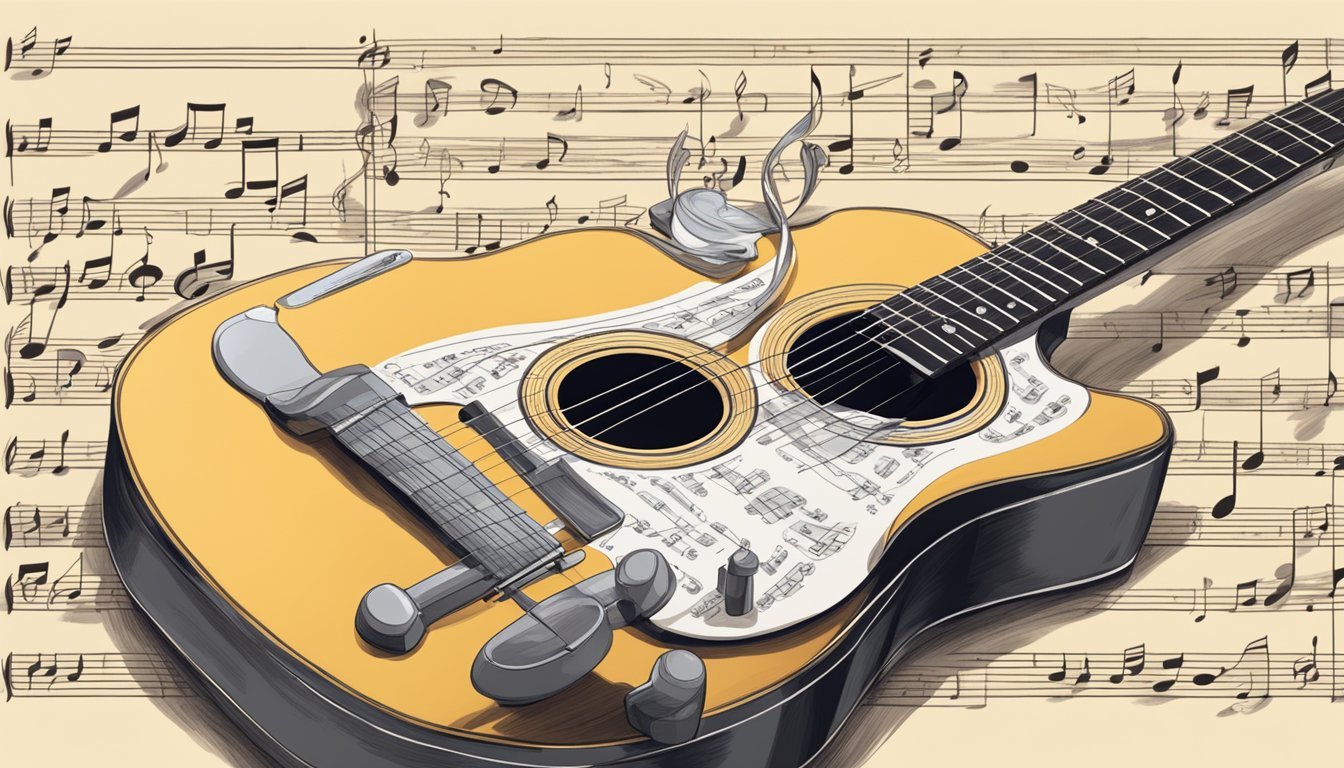 A guitar resting on a music stand with a sheet of music notes in front of it, and a pencil nearby for marking the notes