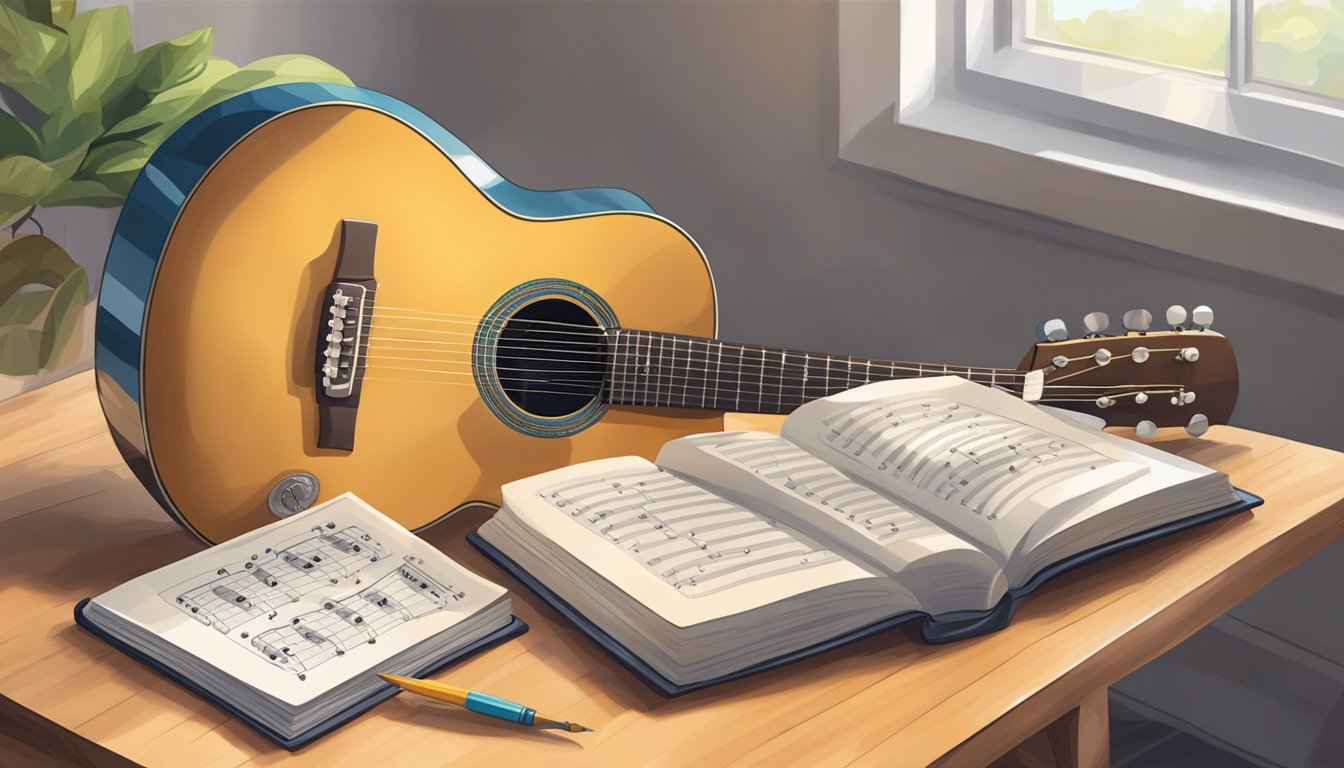 A guitar resting on a stand, with a music book open to a beginner's lesson, and a pick lying nearby